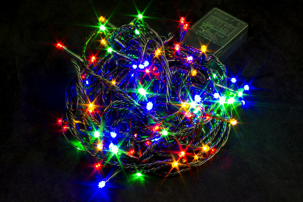 Светодиодная нить 7 м., 220V, 100 разноцветных LED ламп, контроллер, черный провод, Winner (m.01.5B.100-) в Кемерово